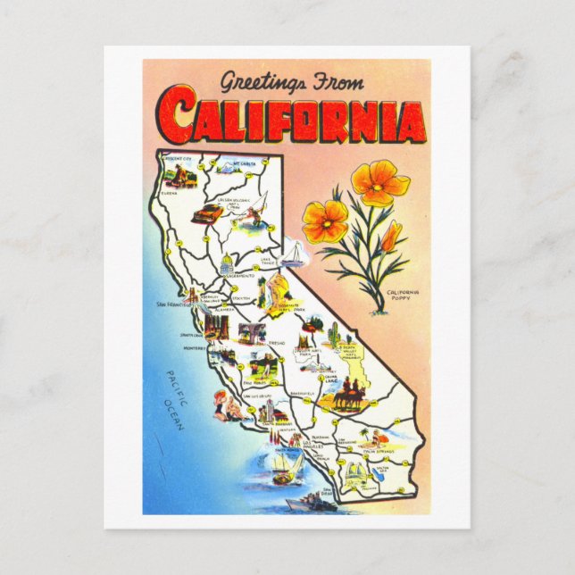 Postal Saludos antiguos del mapa de California (Anverso)