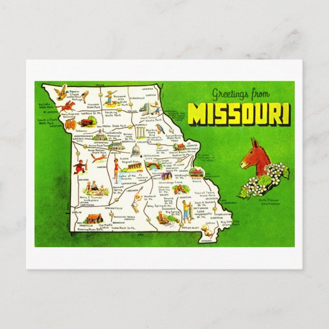 Postal Saludos antiguos del mapa de Misuri (Anverso)