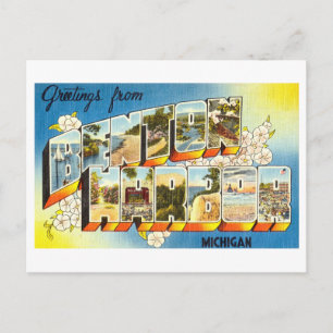 Postal Saludos antiguos del puerto de Benton, Michigan