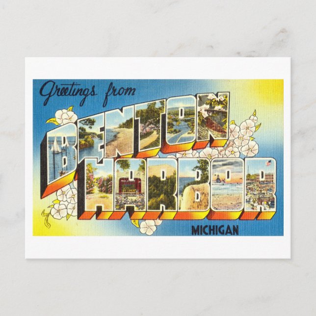 Postal Saludos antiguos del puerto de Benton, Michigan (Anverso)