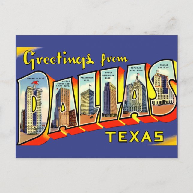 Postal Saludos antiguos desde Dallas, Texas Travel (Anverso)