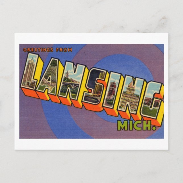Postal Saludos antiguos desde Lansing, Michigan (Anverso)