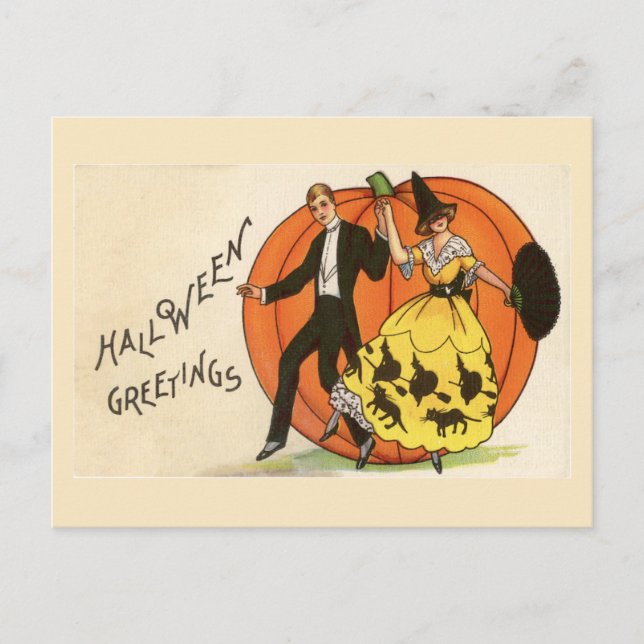 Postal Saludos de Halloween Bailando Pareja Calabaza Vint (Anverso)