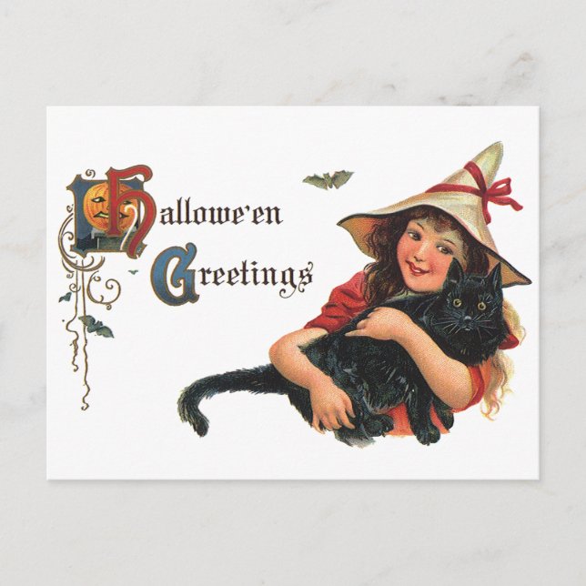 Postal Saludos de Halloween de época, bruja infantil con  (Anverso)