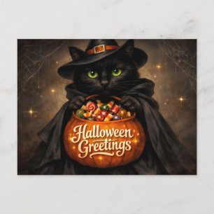 Postal Saludos de Halloween Gato Negro con Dulces