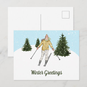 Postal Saludos de invierno de mujer esquíando en acuarela