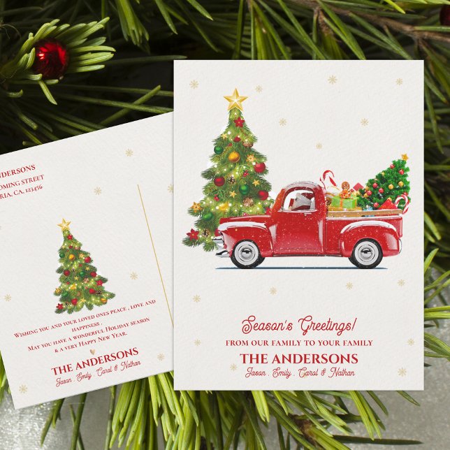 Postal Saludos de la temporada de navidad en un camión ro (Rustic Red Truck Christmas Tree Season’s Greetings Postcard)