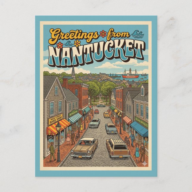 Postal Saludos de Nantucket estilo vintage (Anverso)