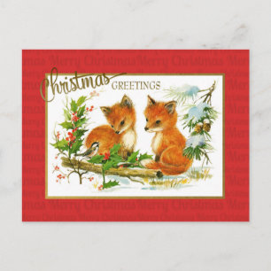 Postal Saludos de Navidad Zorros Reproducción Vintage