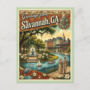 Postal Saludos de Savannah GA estilo vintage años 70