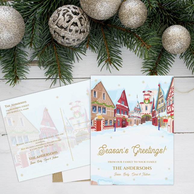 Postal Saludos de temporada a Navidades de la familia Sno (Season’s Greetings Snowy Village Family Christmas Postcard)