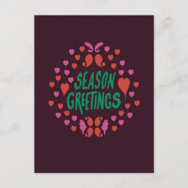 Postal Saludos de temporada en escritura verde con corazo