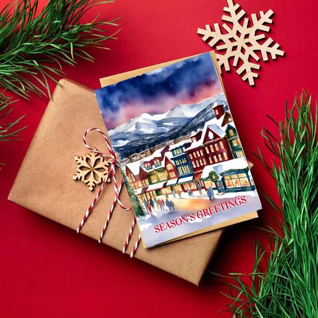 Postal Saludos de temporada Navidad calle de invierno Col (Seasons greetings watercolor Christmas winter street Breckenridge Colorado Postcard charming town)
