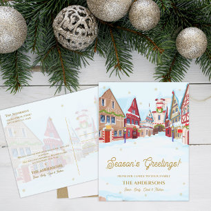 Postal Saludos de Temporada Pueblo Nevado Familia Navidad
