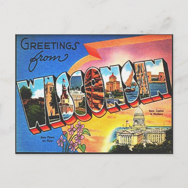 Postal Saludos de vacaciones retro de Viaje de Wisconsin  (Anverso)