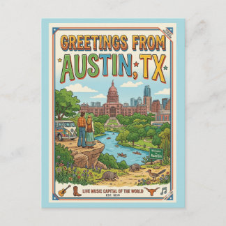Postal Saludos desde Austin TX Retro Colorido
