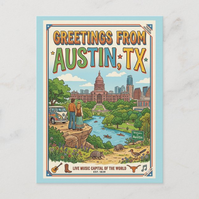 Postal Saludos desde Austin TX Retro Colorido (Anverso)