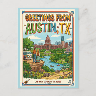 Postal Saludos desde Austin TX Retro Colorido