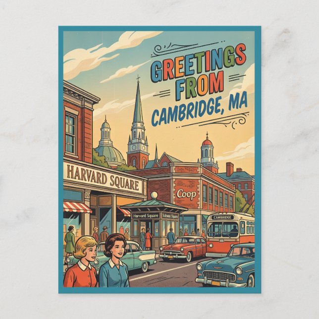 Postal Saludos desde Cambridge MA Harvard Square Retro  (Anverso)
