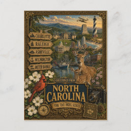 Postal Saludos desde Carolina del Norte | Arte Retro Vint