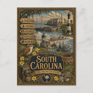 Postal Saludos desde Carolina del Sur Arte Retro Antigu