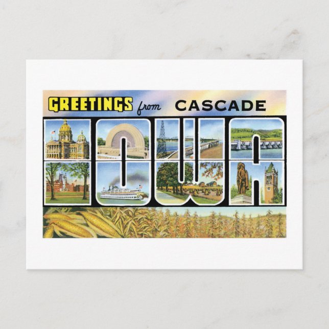 Postal ¡Saludos desde Cascade, Iowa! (Anverso)