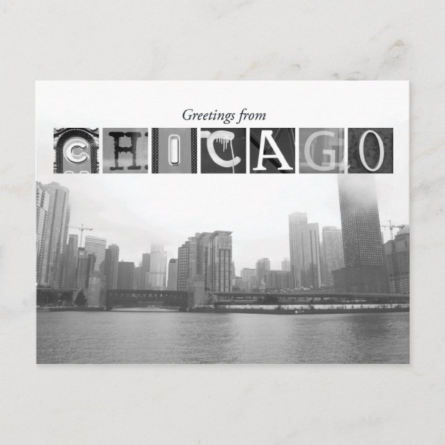 Postal Saludos desde Chicago Black and White Skyline (Anverso)