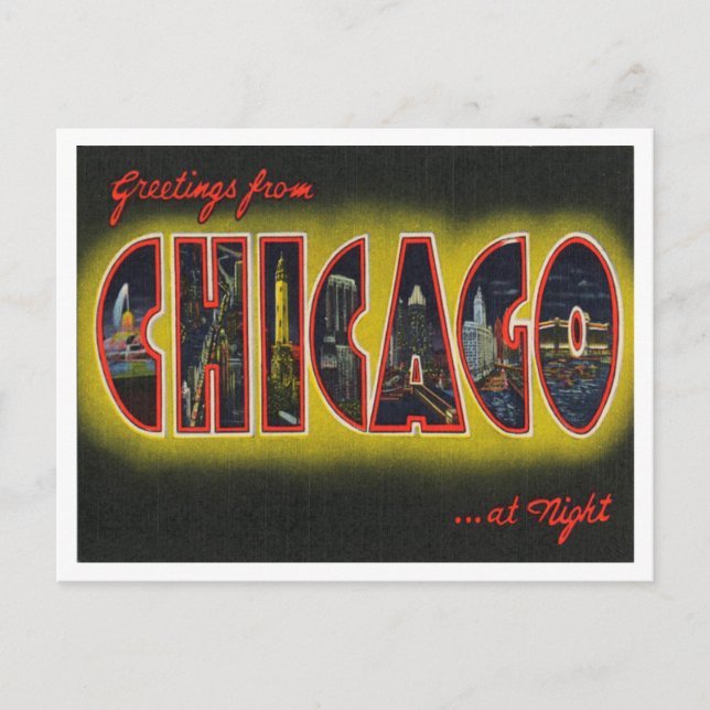 Postal Saludos desde Chicago en la noche, Illinois (Anverso)