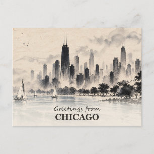 Postal Saludos desde Chicago Skyline Ink Wash
