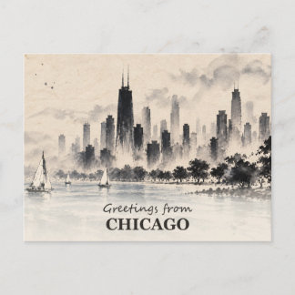 Postal Saludos desde Chicago Skyline Ink Wash