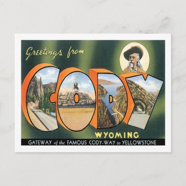 Postal Saludos desde Cody Wyoming Ciudad Estadounidense (Anverso)