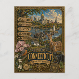 Postal Saludos desde Connecticut   Arte Retro Vintage