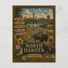 Postal Saludos desde Dakota del Norte | Arte Retro Antigu