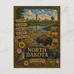 Postal Saludos desde Dakota del Norte   Arte Retro Antigu