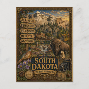 Postal Saludos desde Dakota del Sur   Arte Retro Antiguo