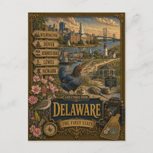 Postal Saludos desde Delaware | Arte Retro Vintage (Anverso)