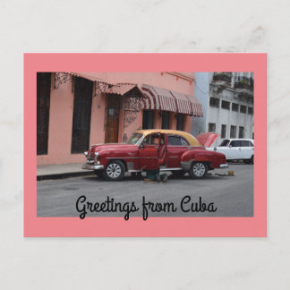 Postal Saludos desde el Edificio Rojo Coche Rosa de Cuba