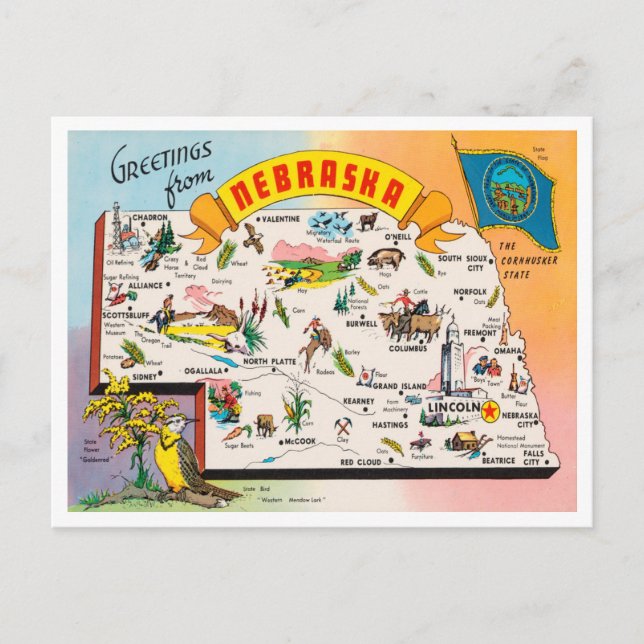 Postal Saludos desde el Mapa de Nebraska Viajes de época (Anverso)