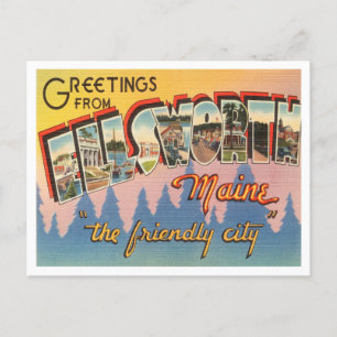 Postal Saludos desde Ellsworth, Maine Vintage Travel