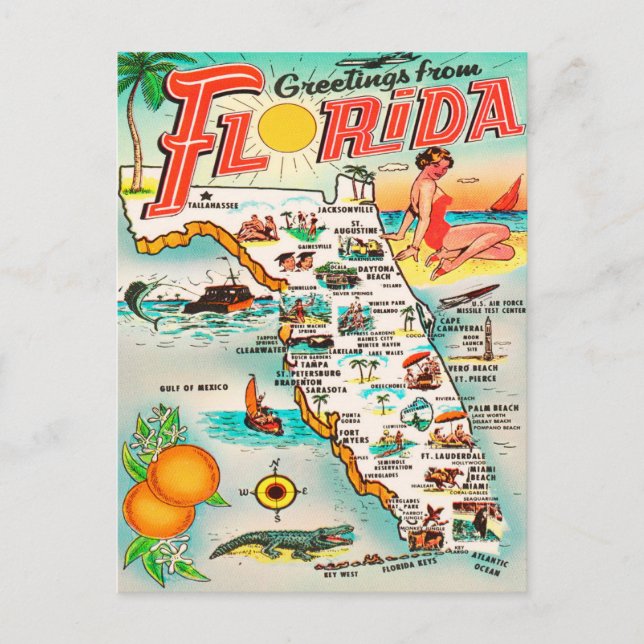 Postal Saludos desde Florida Map Vintage Travel (Anverso)