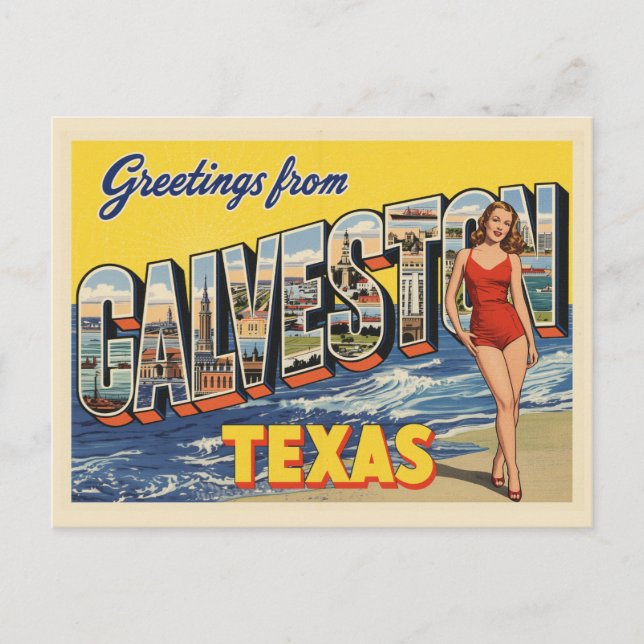 Postal Saludos desde Galveston Texas Vintage (Anverso)