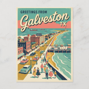 Postal Saludos desde Galveston TX Vista de pájaro Retro