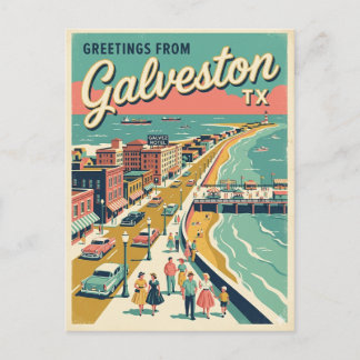 Postal Saludos desde Galveston TX Vista de pájaro Retro