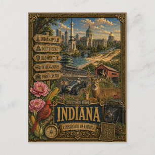 Postal Saludos desde Indiana   Arte Retro Antiguo