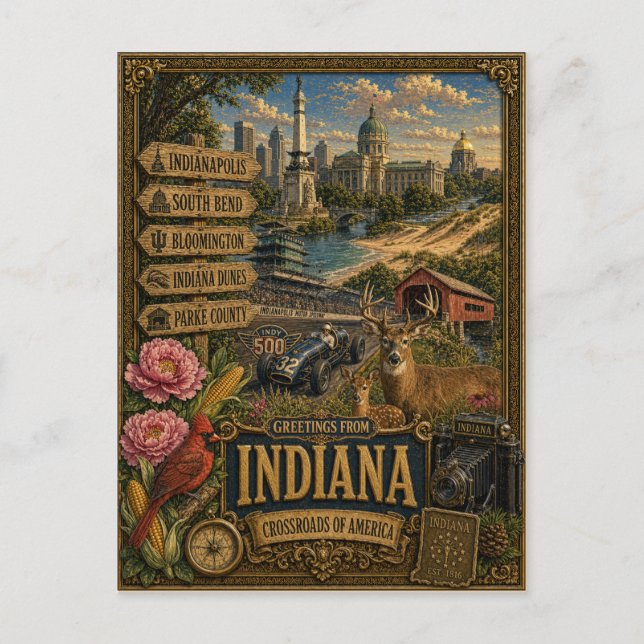 Postal Saludos desde Indiana | Arte Retro Antiguo (Anverso)