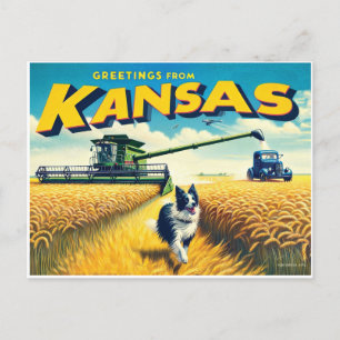 Postal Saludos desde Kansas Wheat Combina la frontera con