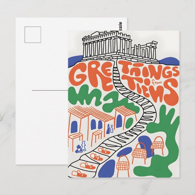 Postal Saludos desde la ciudad de Atenas  (Anverso / Reverso)
