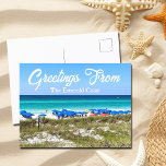Postal Saludos desde la Costa Esmeralda Hermosa Florida<br><div class="desc">Saludos desde la Costa Esmeralda. Magnífica postal de Destin,  Florida,  con sombrillas azules a lo largo de la orilla del mar y agua de mar y hierba marina verde e impresionante. Postales perfectas para las vacaciones de verano.</div>