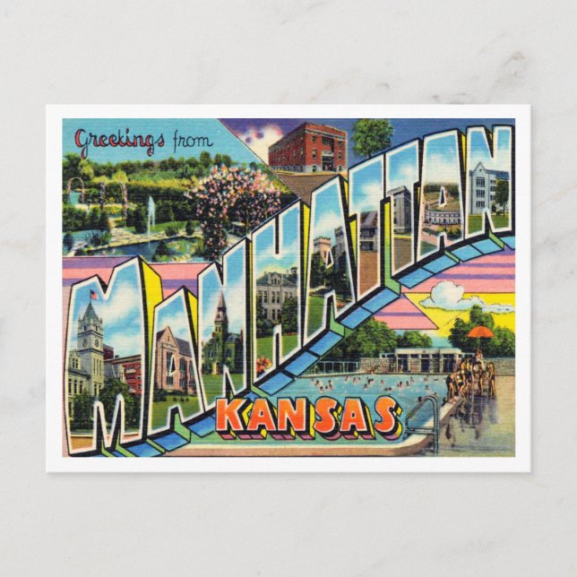 Postal Saludos desde Manhattan, Kansas Vintage Travel (Anverso)