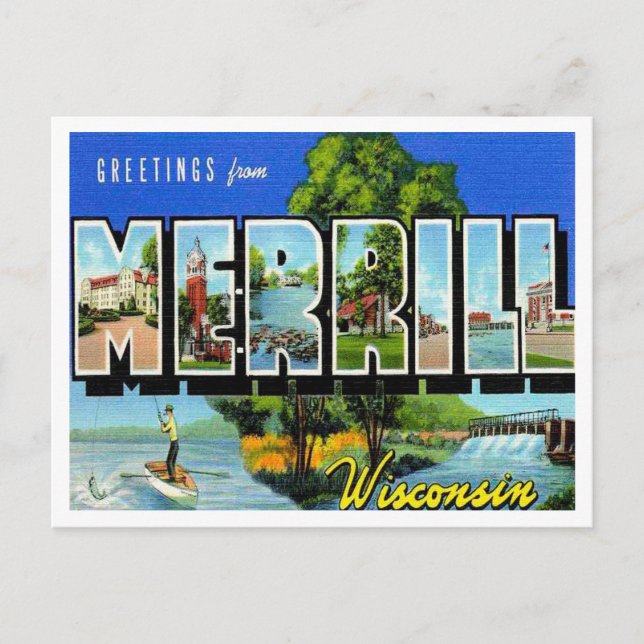 Postal Saludos desde Merrill, Wisconsin Viaje Antiguo (Anverso)